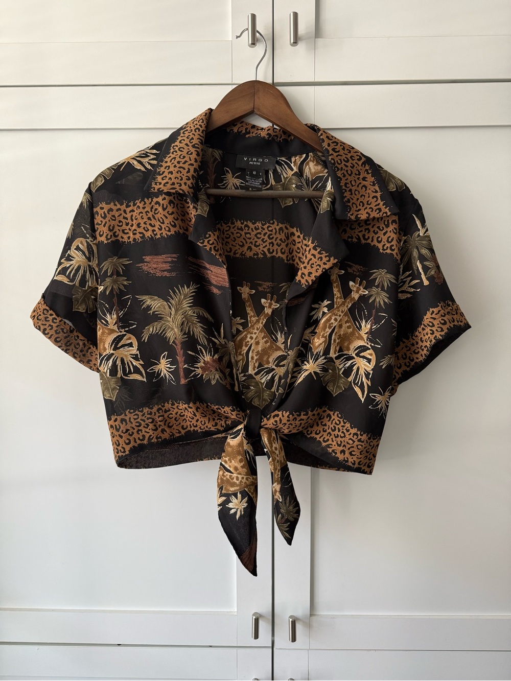 Virgo Petite Safari Giraffe Leopard Print Tie Front Crop Blouse Size 10P